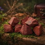 Blocs de Jaspe Rouge à l'état brut d'un rouge brique intense, déposés sur une mousse forestière épaisse.