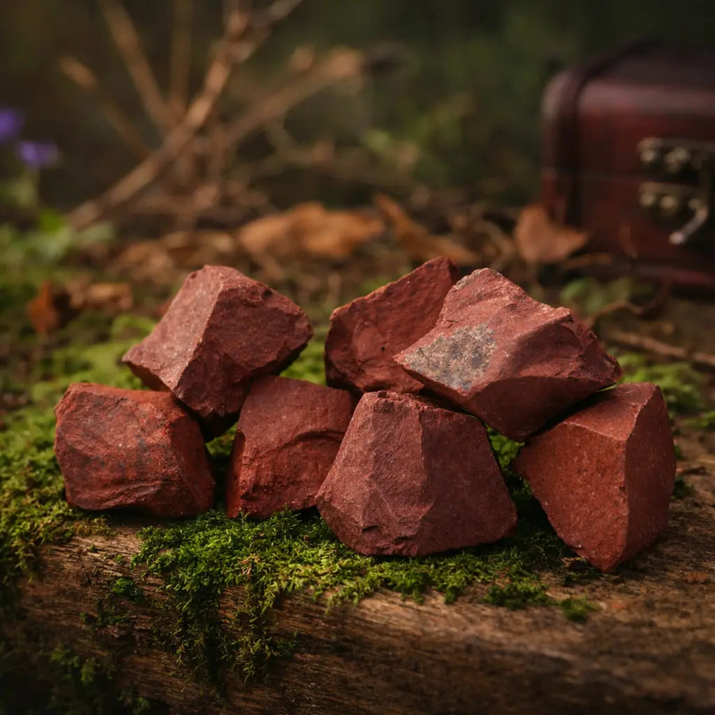 Blocs de Jaspe Rouge à l'état brut d'un rouge brique intense, déposés sur une mousse forestière épaisse.