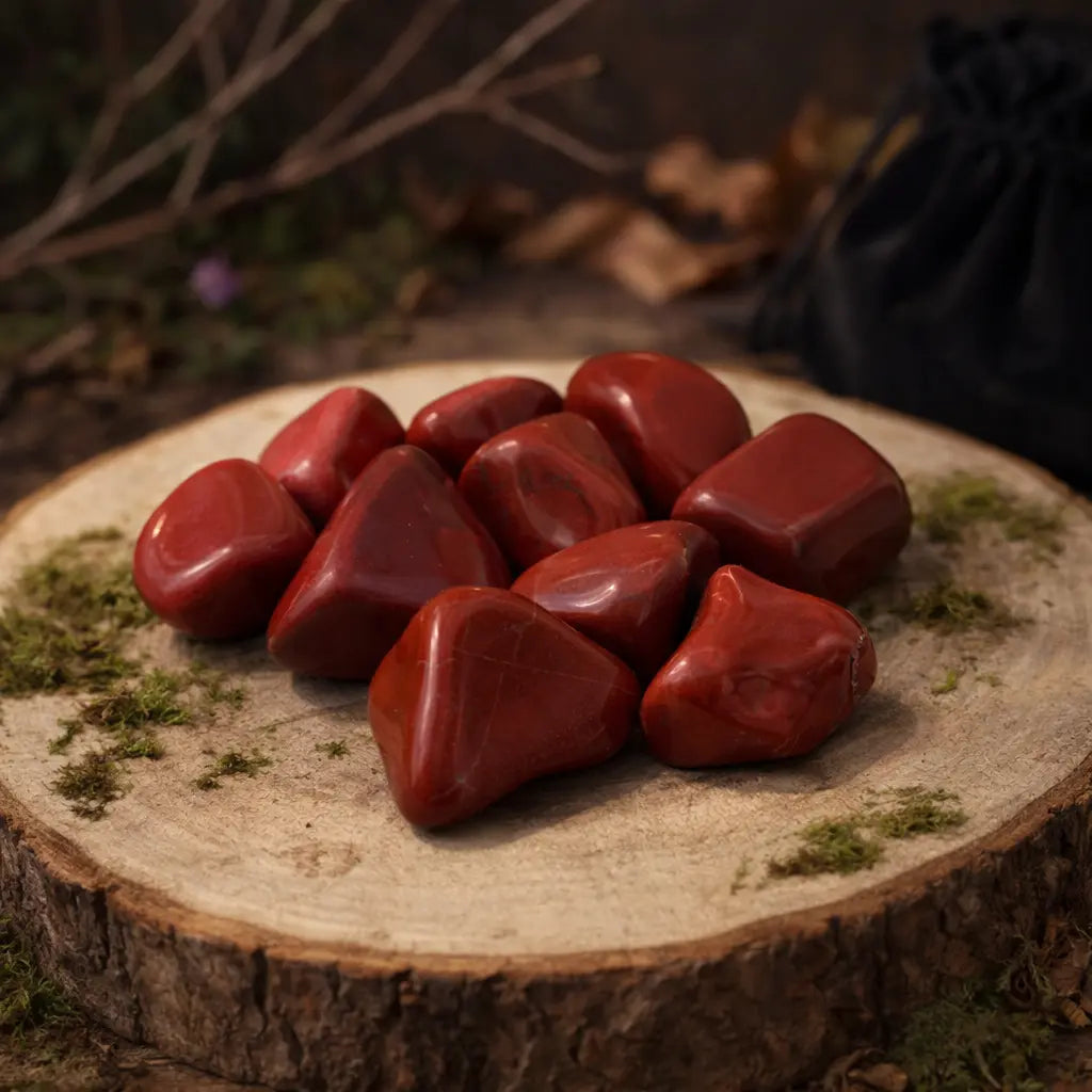 Pierres de Jaspe Rouge polies de taille M, d'un rouge brique profond, disposées sur une tranche de bois rustique avec un pochon noir en arrière-plan.