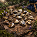 Pierres roulées de Jaspe Zèbre Marron aux nuances terreuses et striées déposées sur une écorce ancienne entourée de fleurs mystiques.