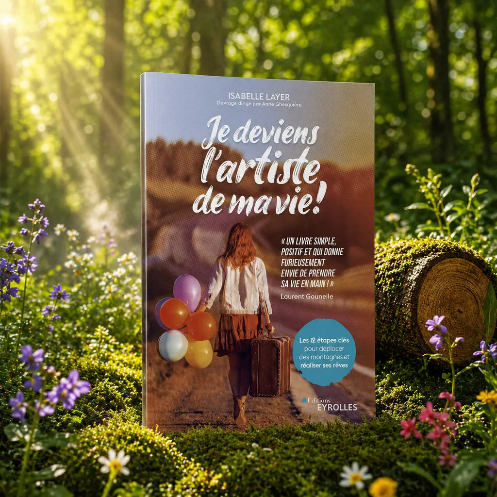 Livre Je Deviens l'Artiste de Ma Vie ! montrant une femme de dos avec une valise et des ballons colorés sur une route ensoleillée.
