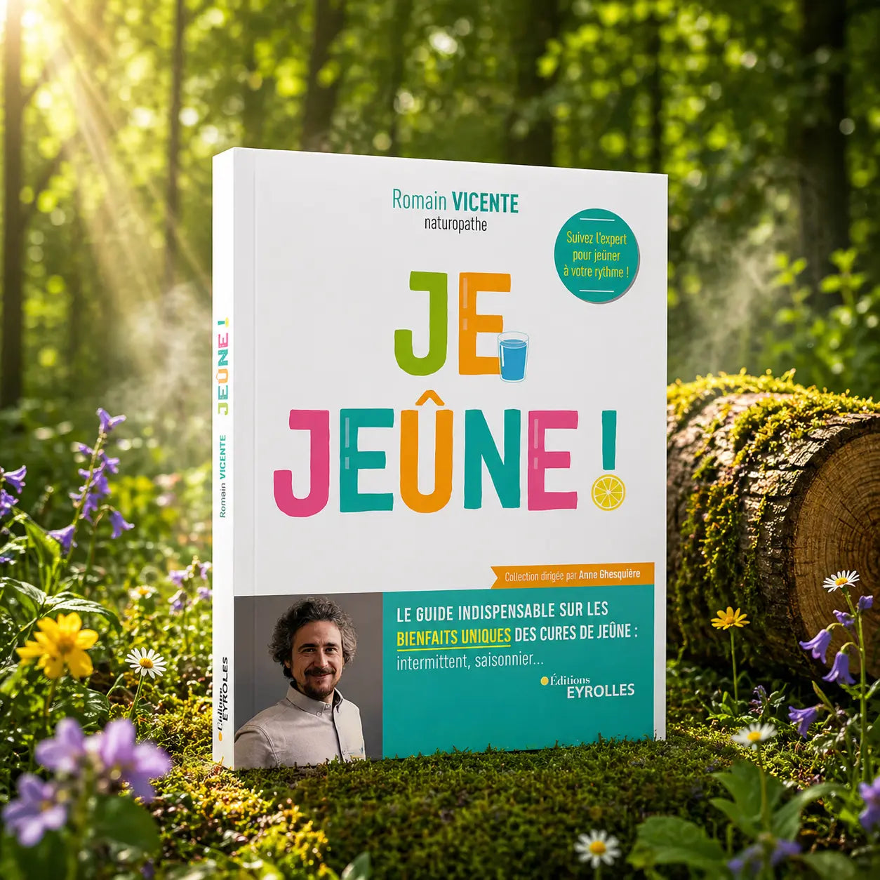 Livre blanc Je Jeûne ! de Romain Vicente posé dans un sous-bois ensoleillé, présentant un titre coloré et le portrait de l'auteur naturopathe.