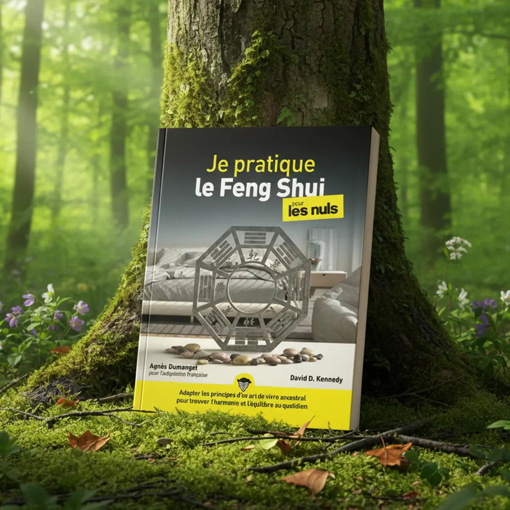 Livre Je Pratique le Feng Shui pour les Nuls - David-Daniel Kennedy posé contre un arbre en forêt, couverture montrant un Bagua et une chambre zen.