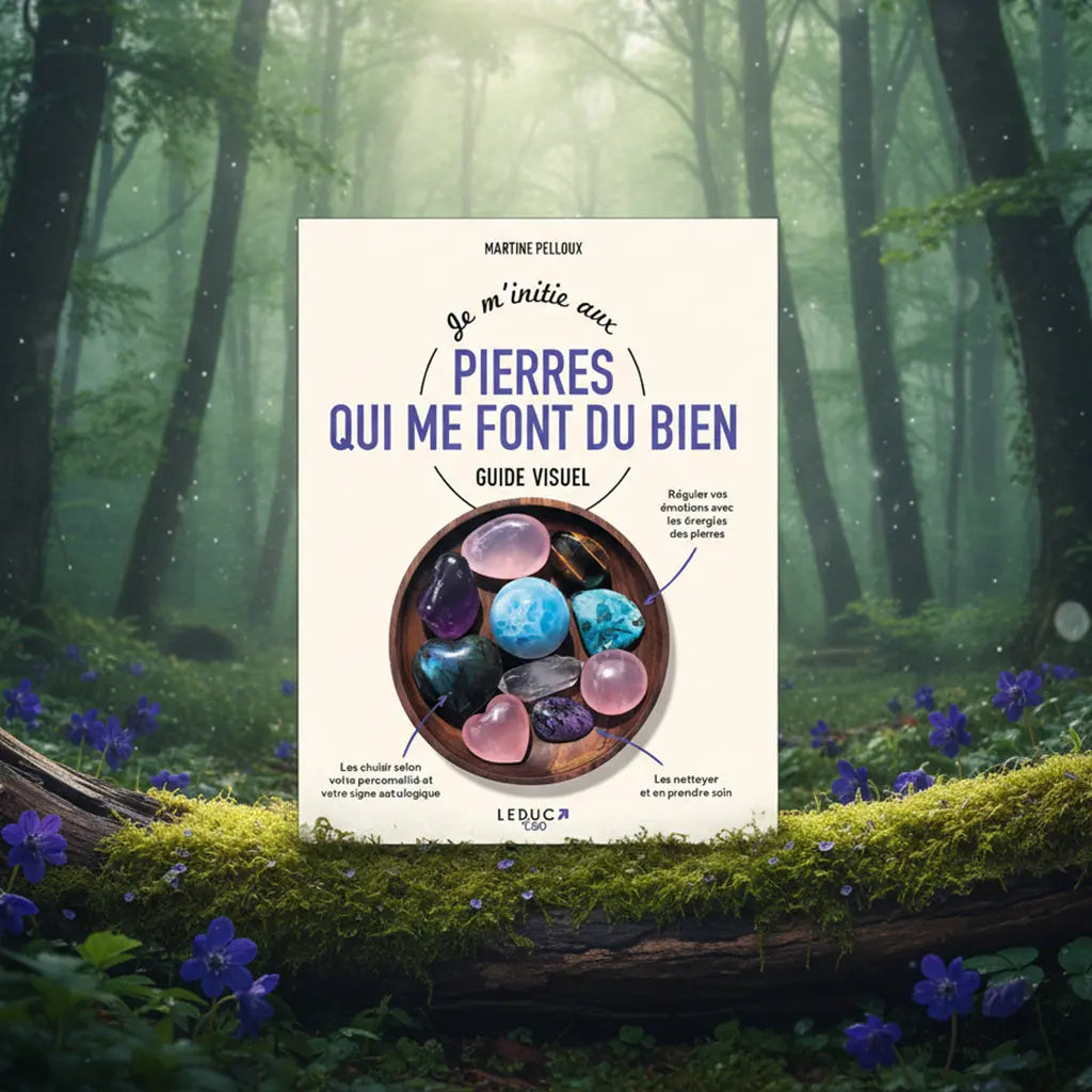 Livre clair Je m'initie aux Pierres qui me font du Bien de Martine Pelloux posé sur une souche moussue, illustré d'un bol en bois rempli de pierres roulées colorées.