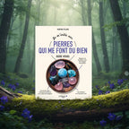 Livre clair Je m'initie aux Pierres qui me font du Bien de Martine Pelloux posé sur une souche moussue, illustré d'un bol en bois rempli de pierres roulées colorées.