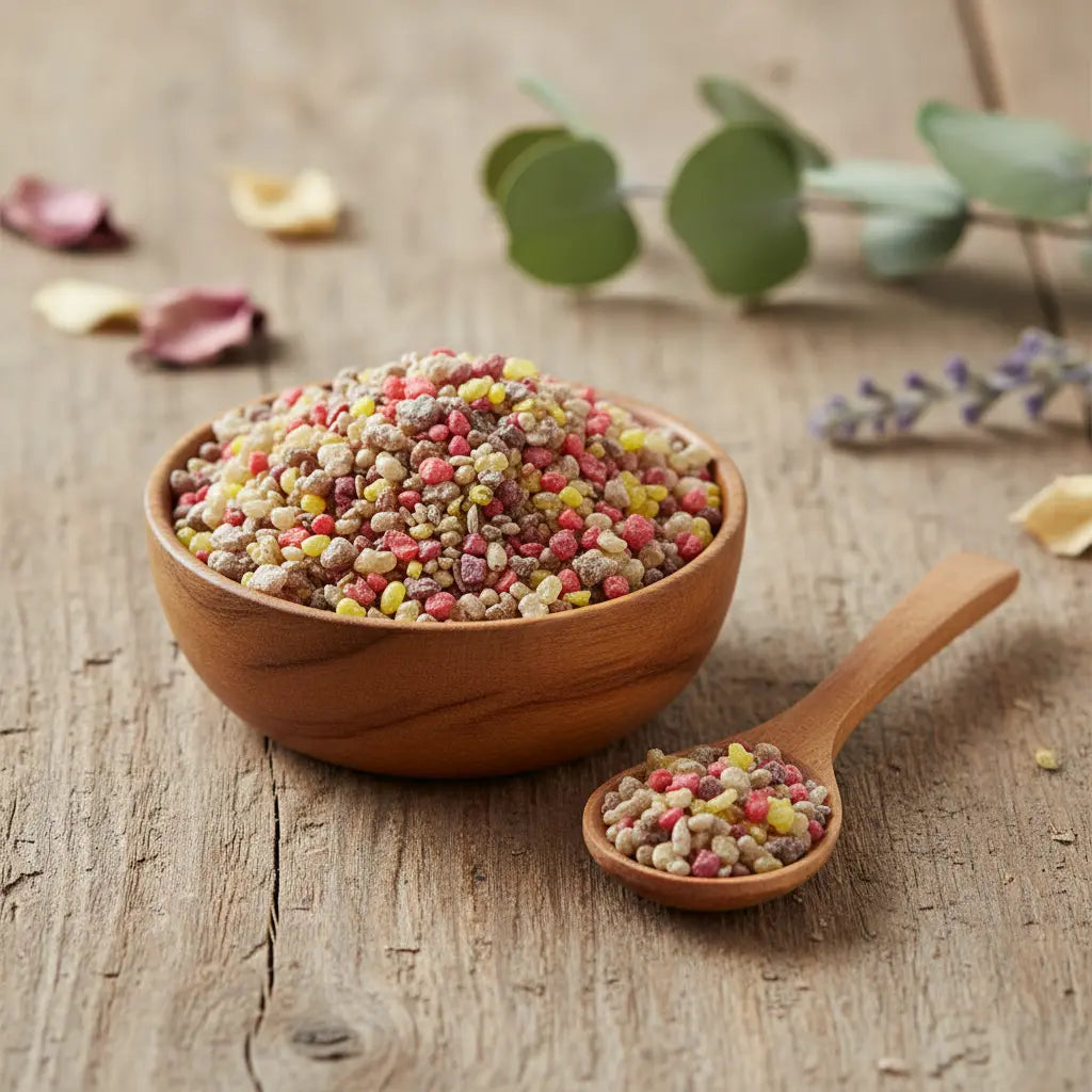 Grains d'encens de résine Jésus, mélange de couleurs (rouge, jaune, blanc/beige), dans un petit bol en bois clair avec cuillère, sur une planche de bois rustique.