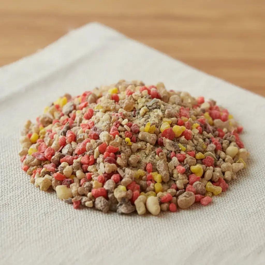 Gros plan sur un monticule de grains d'encens de résine Jésus, montrant un mélange dominant de beige, rouge corail et jaune, saupoudré de poudre de résine.