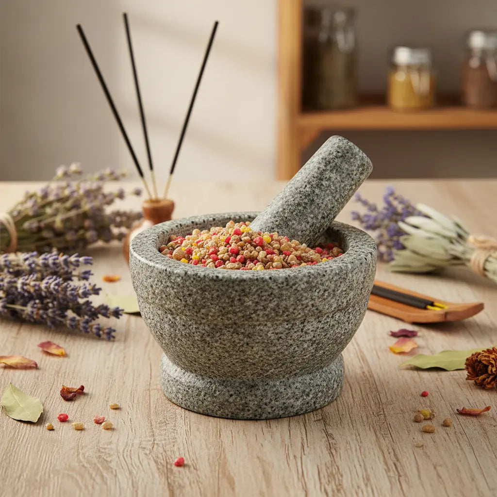 Grains d'encens de résine Jésus (multicolore) dans un mortier en granit gris avec pilon, entouré de brins de lavande, de feuilles de laurier et de bâtonnets d'encens.