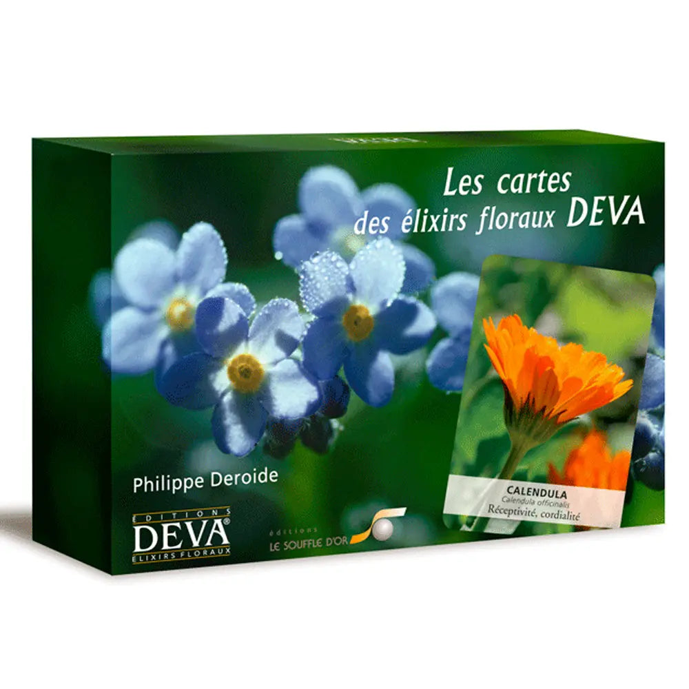 Boîte du jeu « Les cartes des élixirs floraux DEVA », avec photo de fleurs bleues et carte « Calendula ».