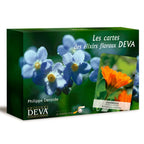 Boîte du jeu « Les cartes des élixirs floraux DEVA », avec photo de fleurs bleues et carte « Calendula ».