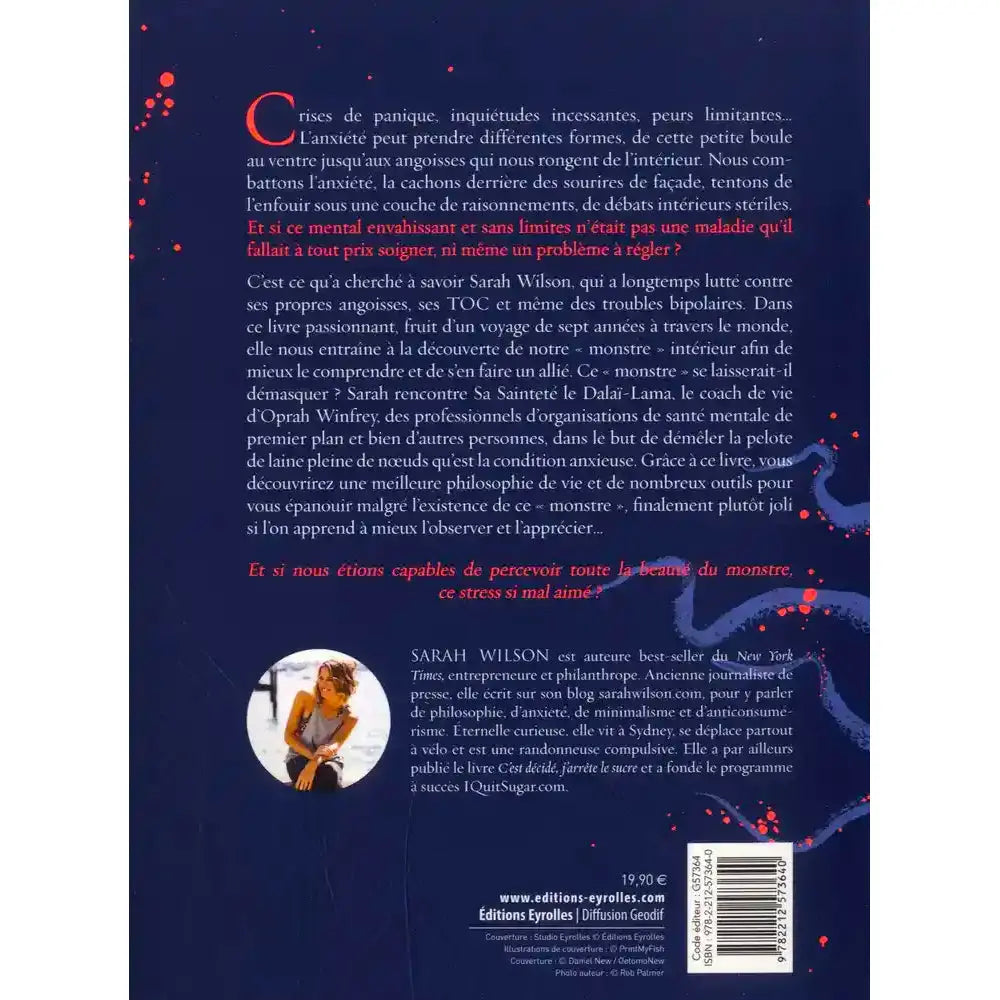 Quatrième de couverture du livre "Joli monstre" avec résumé sur l'anxiété, biographie de Sarah Wilson, prix de 19,90 € et code ISBN.