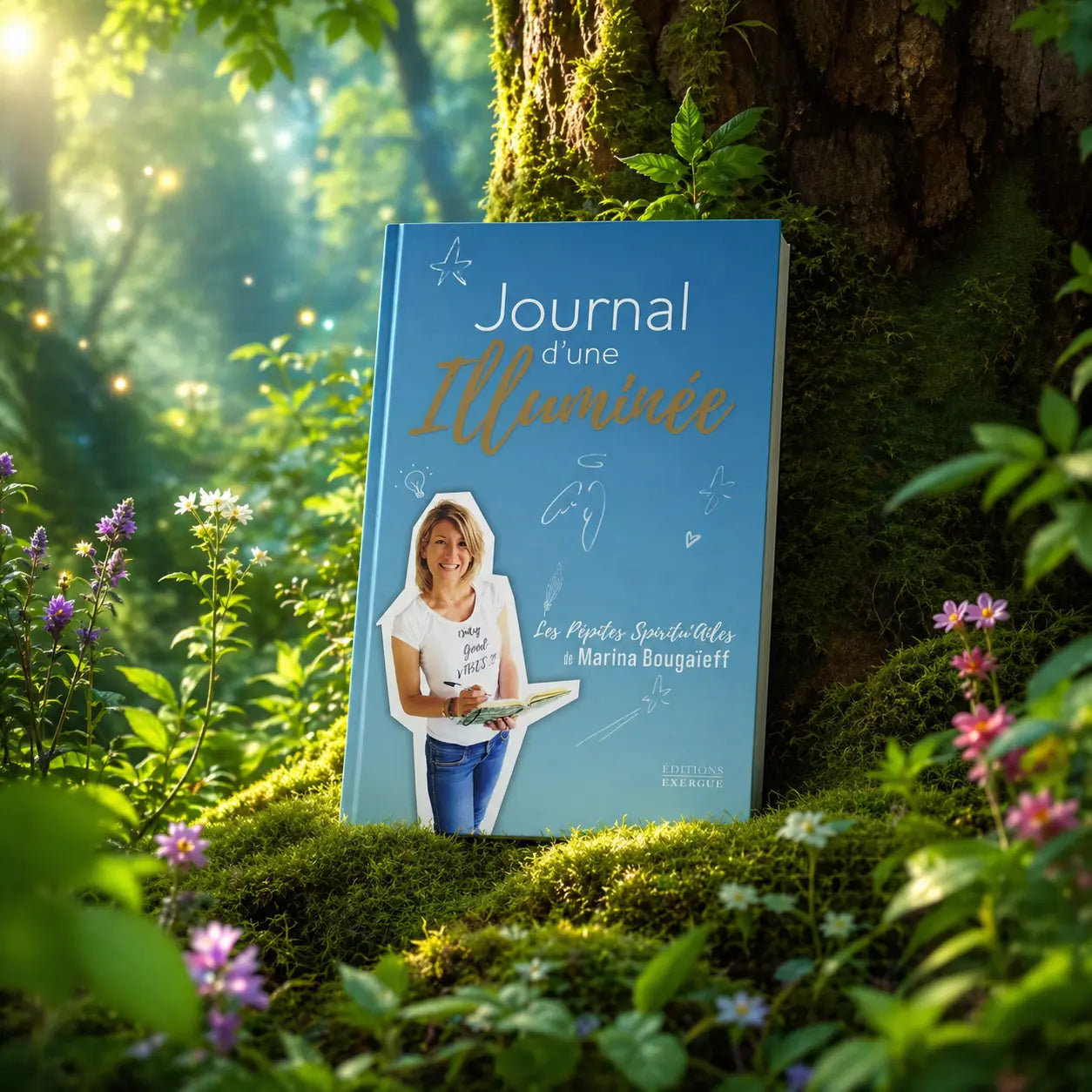 Livre bleu ciel Journal d'une Illuminée de Marina Bougaïeff posé dans un décor de forêt enchantée, illustré de petits dessins étoilés et d'un portrait de l'auteure souriante.
