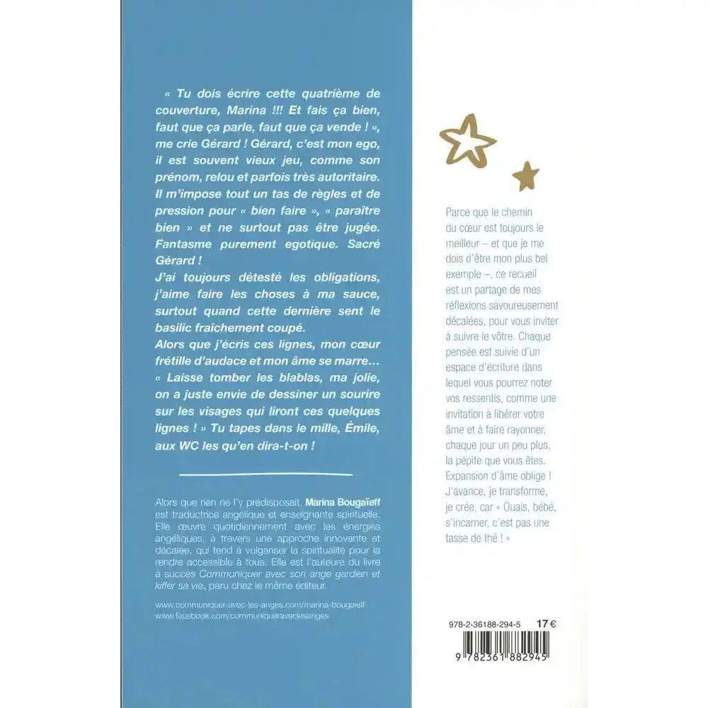 Quatrième de couverture du livre "Journal d'une Illuminée" avec un texte de présentation personnel, la biographie de Marina Bougaïeff, le prix de 17 € et le code ISBN.