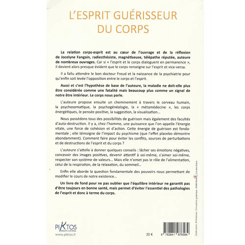 Quatrième de couverture du livre L'Esprit Guérisseur du Corps de Jocelyne Fangain, détaillant les liens entre mental, émotions et énergie vitale.