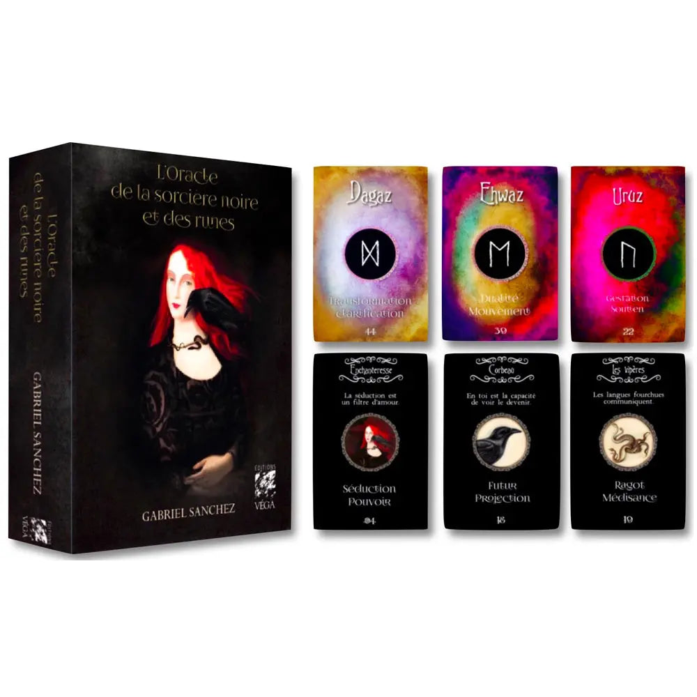 Présentation du jeu L’oracle de la sorcière noire et des runes, coffret et cartes runes colorées Dagaz, Ehwaz, Uruz, plus cartes noires thématiques.