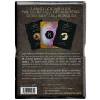 Dos du coffret L’oracle de la sorcière noire et des runes, fond gris texturé avec texte de présentation, trois cartes illustrées et code-barres.