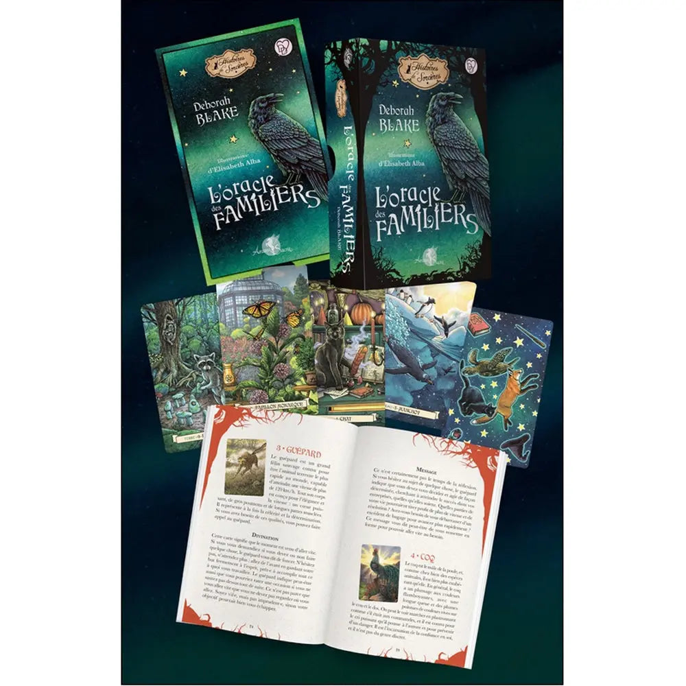 L'Oracle des Familiers présenté avec son coffret, son livre ouvert et plusieurs cartes illustrant des animaux comme un raton laveur, un chat et des baleines.