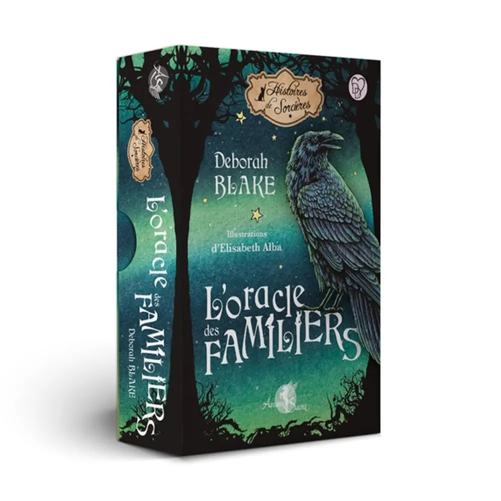 L'Oracle des Familiers illustré d'un corbeau noir majestueux sur un fond de forêt nocturne aux teintes émeraude et étoilées.