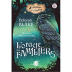L'Oracle des Familiers illustré d'un grand corbeau noir aux reflets bleutés sur un fond de forêt nocturne émeraude parsemé d'étoiles.