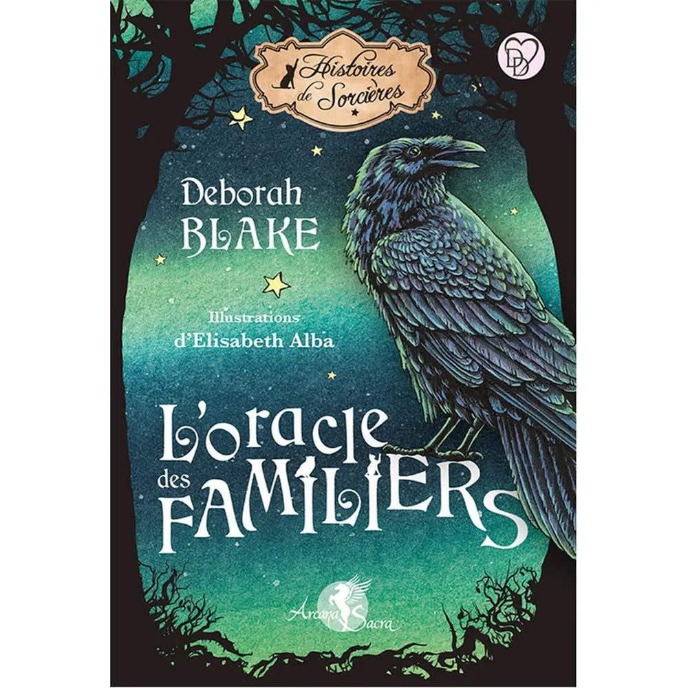 L'Oracle des Familiers illustré d'un grand corbeau noir aux reflets bleutés sur un fond de forêt nocturne émeraude parsemé d'étoiles.