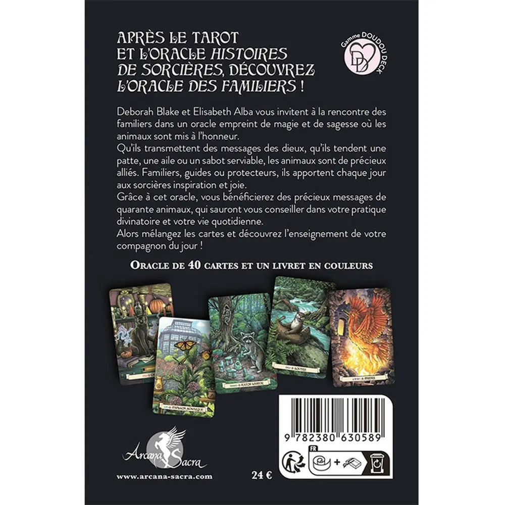 L'Oracle des Familiers présentant son texte de description au verso accompagné de cinq cartes illustrées d'animaux mystiques sur un fond noir uni.