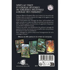 L'Oracle des Familiers présentant son texte de description au verso accompagné de cinq cartes illustrées d'animaux mystiques sur un fond noir uni.