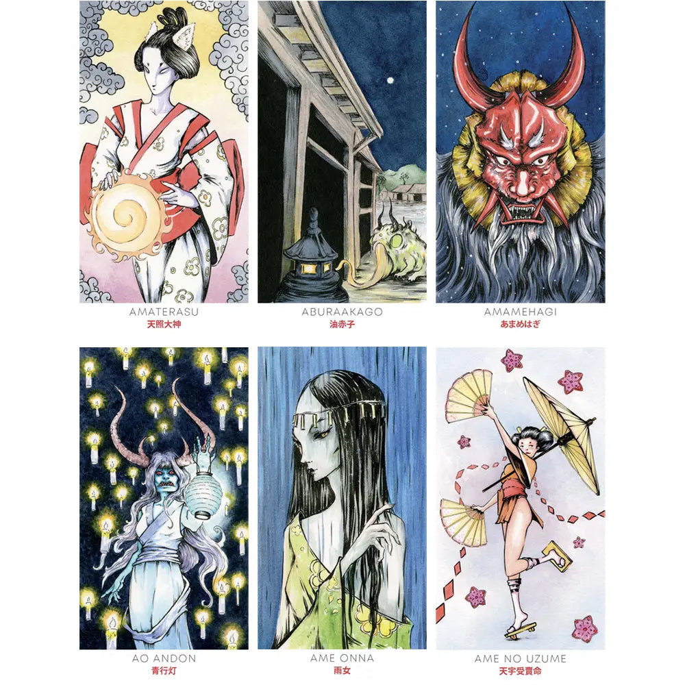 L'Oracle des Kami et Yôkai illustré par six cartes représentant des divinités et esprits japonais aux styles graphiques variés et mystiques.