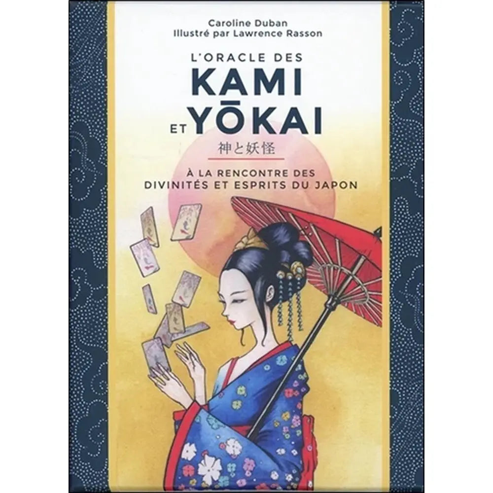 L'Oracle des Kami et Yôkai illustré d'une femme en kimono bleu tenant une ombrelle rouge devant un soleil levant.