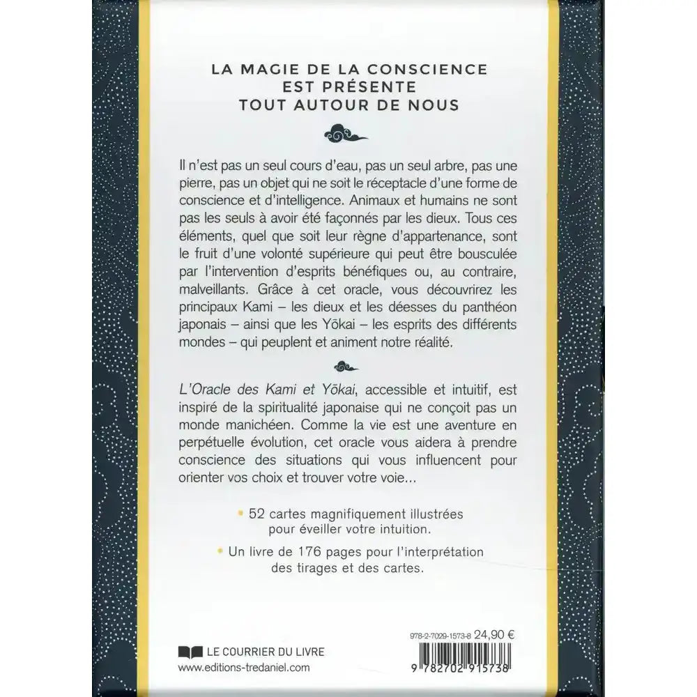L'Oracle des Kami et Yôkai dévoilant son texte de présentation au verso sur un fond blanc bordé de motifs graphiques bleu marine.