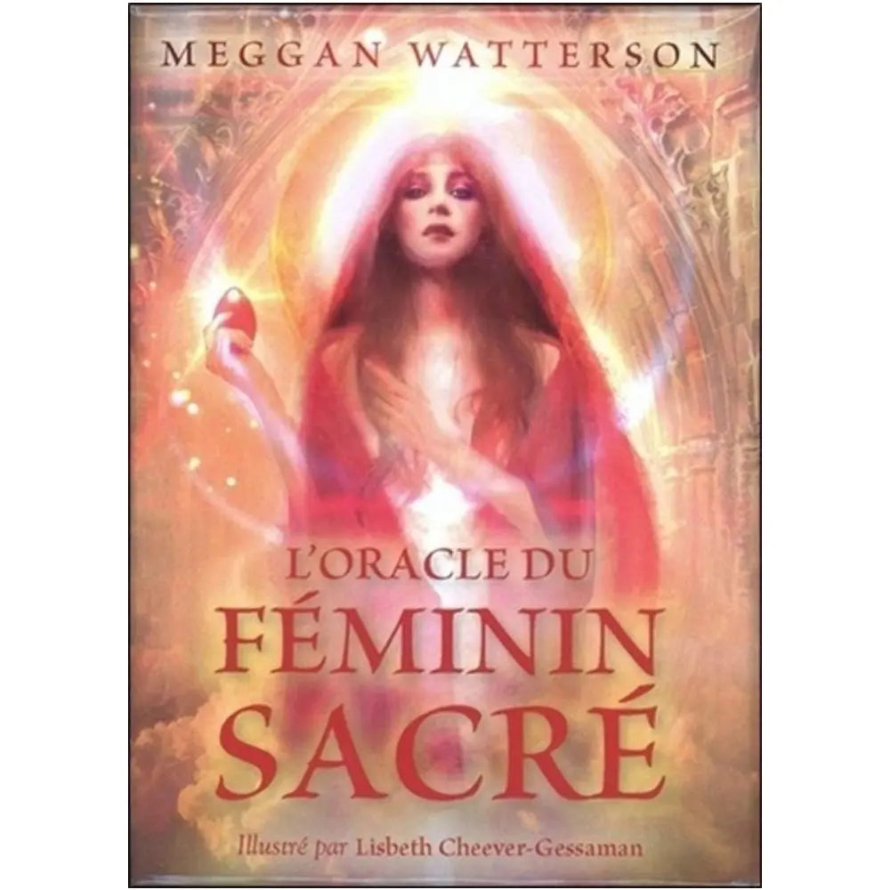 L'Oracle du Féminin Sacré illustré par une figure féminine lumineuse et mystique drapée de rouge, dans une atmosphère éthérée et dorée.