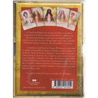 L'Oracle du Féminin Sacré présentant son texte de description au verso sur un fond rouge et doré, avec cinq cartes illustrant des figures féminines mystiques.