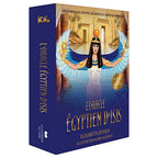 L'Oracle Égyptien d'Isis illustré par la déesse Isis déployant ses ailes bleues devant un temple antique, tenant des croix de vie Ankh dans ses mains.