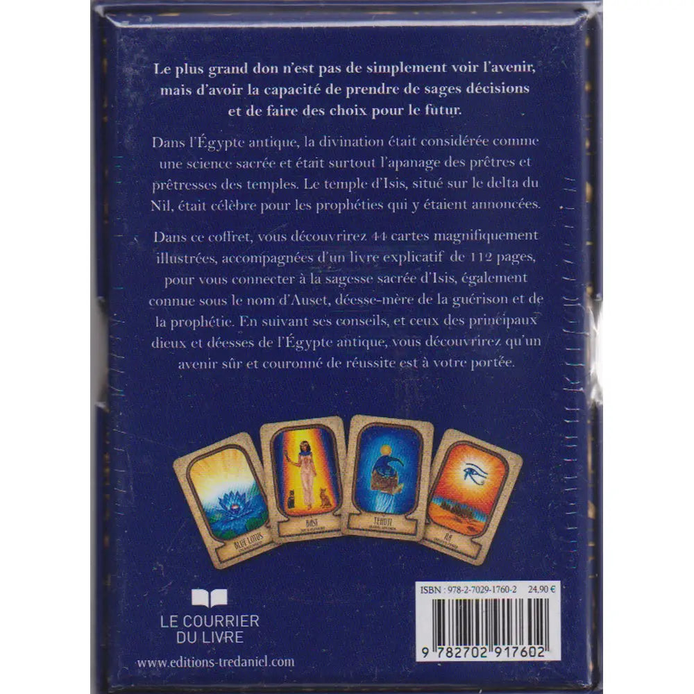L'Oracle Égyptien d'Isis présentant son texte de description au verso sur un fond bleu foncé, accompagné de quatre cartes illustrant le lotus bleu, la déesse Bast, le dieu Thot et l'œil d'Horus.