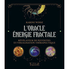 L'Oracle Énergie Fractale de Karine Winsz présenté avec des symboles célestes et trois médaillons illustrant des motifs de soleil, de spirale et de géométrie sacrée sur un fond noir.