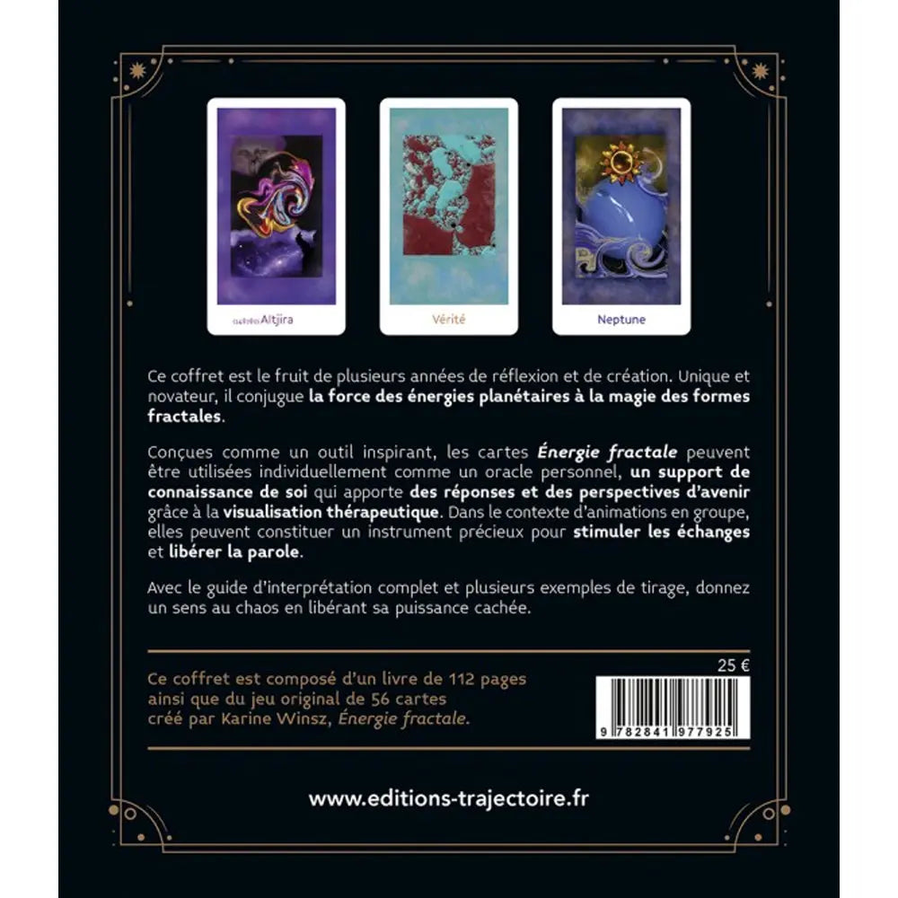 L'Oracle Énergie Fractale présentant son texte de description au verso sur un fond noir, accompagné de trois cartes illustrées nommées « Altjira », « Vérité » et « Neptune ».