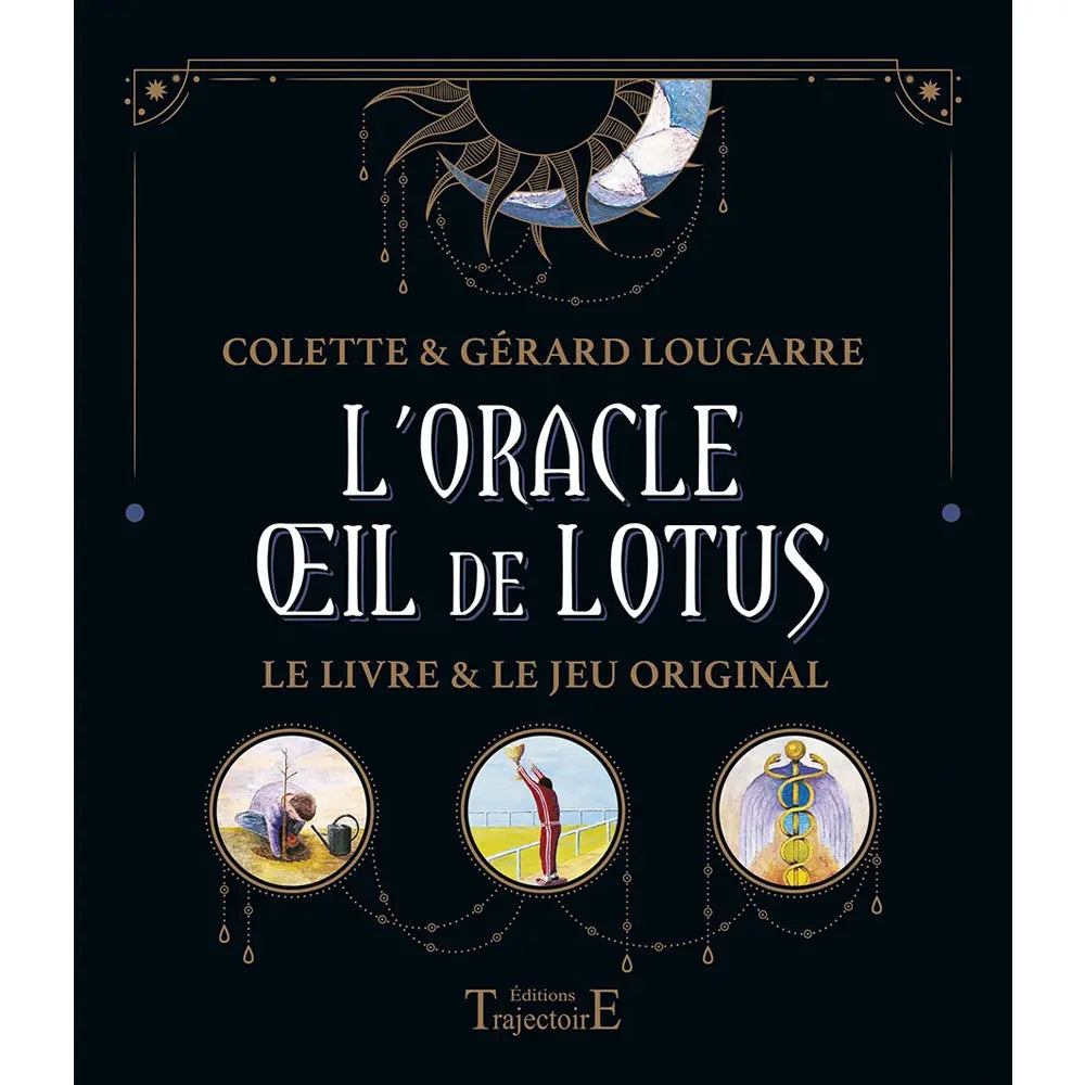 L'Oracle Œil de Lotus illustré par un coffret noir aux ornements célestes dorés, présentant trois médaillons figuratifs aux couleurs douces sur sa face avant.