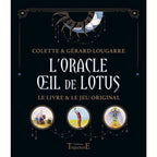 L'Oracle Œil de Lotus illustré par un coffret noir aux ornements célestes dorés, présentant trois médaillons figuratifs aux couleurs douces sur sa face avant.