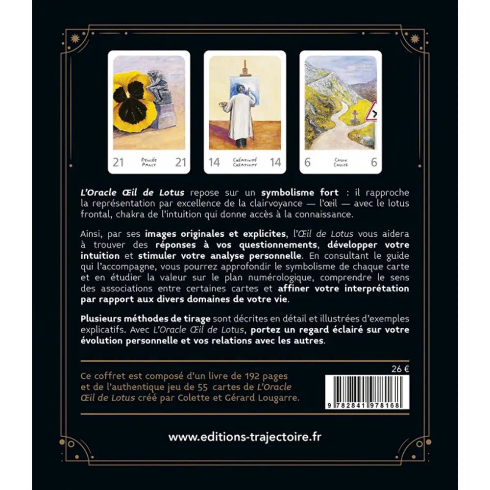 L'Oracle Œil de Lotus illustré par le verso de son coffret noir présentant trois cartes divinatoires aux illustrations colorées et symboliques nommées « L'Étoile », « Le Printemps » et « La Cigogne ».