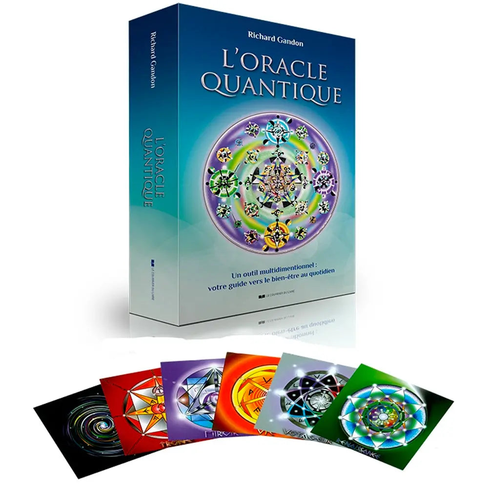Le coffret de "L'Oracle Quantique" de Richard Gandon présenté avec une sélection de six cartes illustrées de mandalas vibratoires et géométriques aux couleurs éclatantes.
