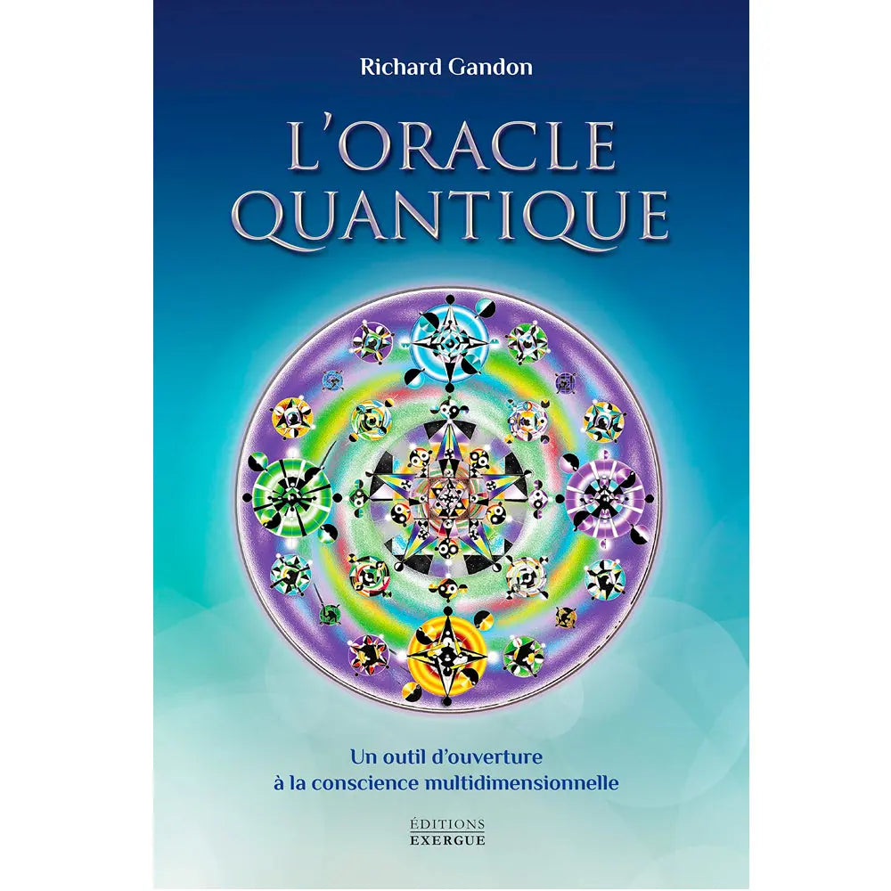 La couverture du coffret "L'Oracle Quantique" de Richard Gandon, aux Éditions Exergue, illustrée d'un mandala coloré et géométrique sur un fond dégradé de bleu et de turquoise.
