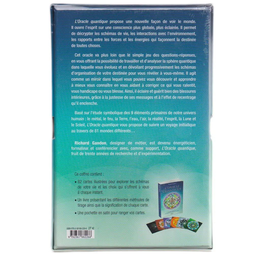 Le dos du coffret "L'Oracle Quantique" de Richard Gandon, détaillant le contenu du jeu (82 cartes, un livre et une pochette en satin) ainsi que la démarche spirituelle et énergétique de l'auteur.