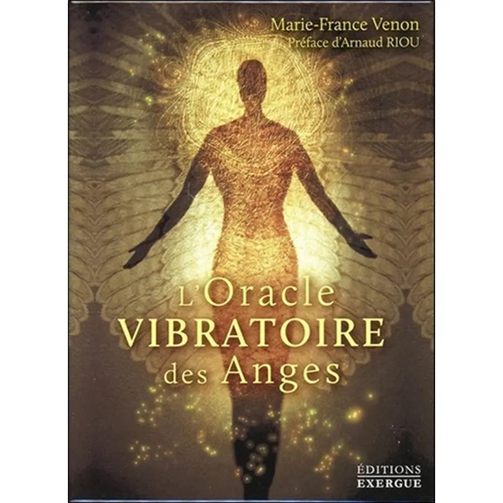 L'Oracle Vibratoire des Anges de Marie-France Venon illustré par une silhouette angélique lumineuse et rayonnante aux tons dorés sur un fond sombre.