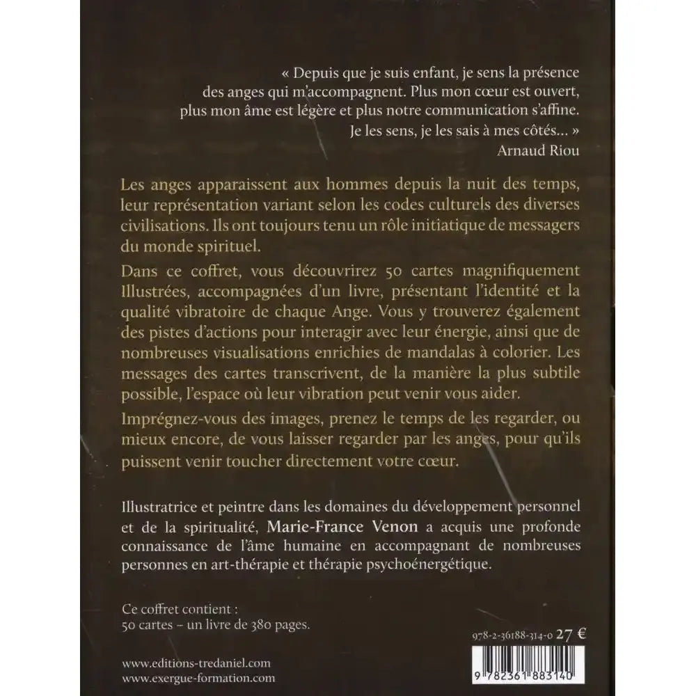 L'Oracle Vibratoire des Anges présentant son texte de description au verso sur un fond terre d'ombre, détaillant le contenu du coffret de 50 cartes et son livre de 380 pages.