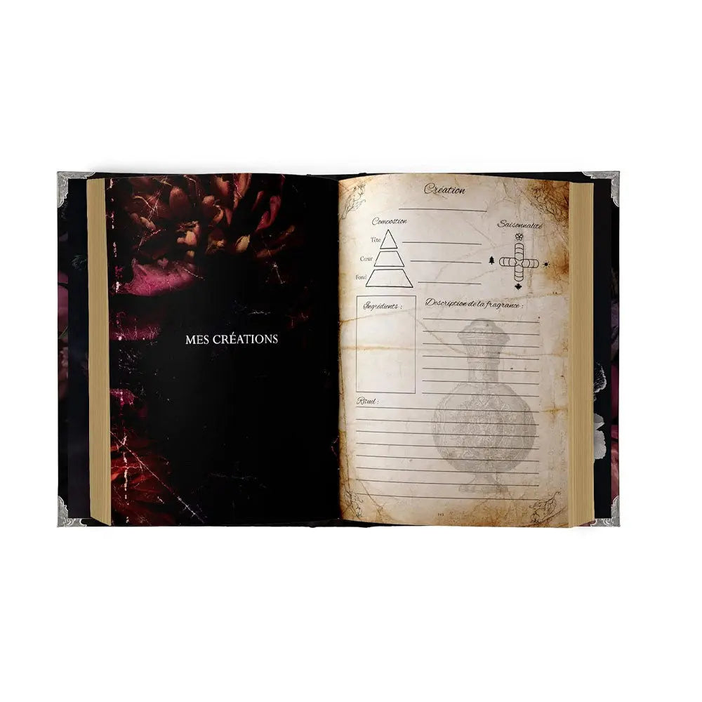 Double page intérieure du livre "L'Art de la Parfumerie Magique" présentant une fiche de "Création" vierge pour noter ses propres compositions, ingrédients et rituels.