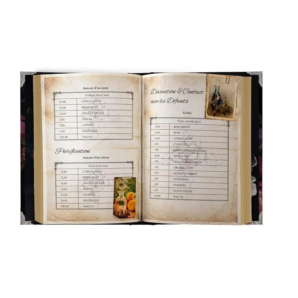 Double page intérieure du livre "L'Art de la Parfumerie Magique" présentant des formules de parfums rituels pour la "Purification" et la "Divination & Contact avec les Défunts".