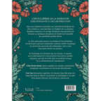 Quatrième de couverture du livre L'Encyclopédie de la Divination sur fond vert avec illustrations de fleurs rouges et texte de présentation