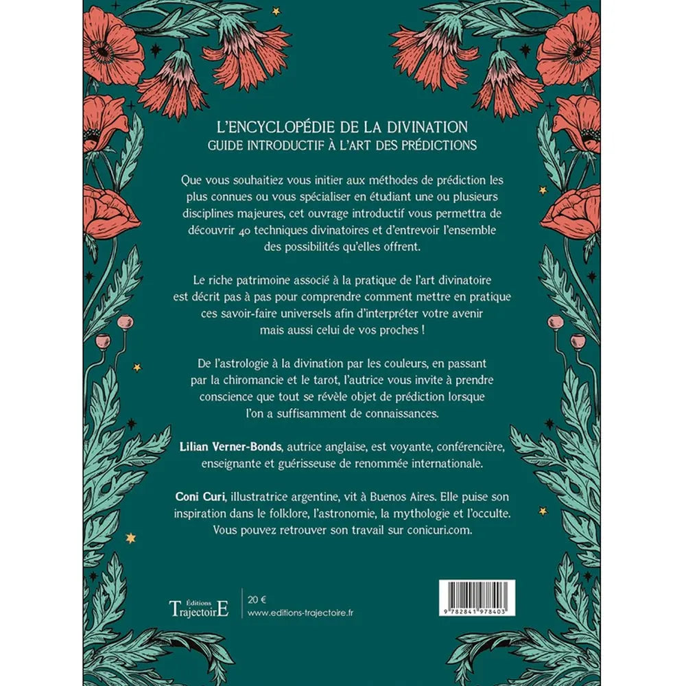 Quatrième de couverture du livre L'Encyclopédie de la Divination sur fond vert avec illustrations de fleurs rouges et texte de présentation