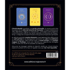 L'Oracle Akashik quatrième de couverture noire affichant trois cartes colorées, le résumé de l'ouvrage et les informations d'édition.