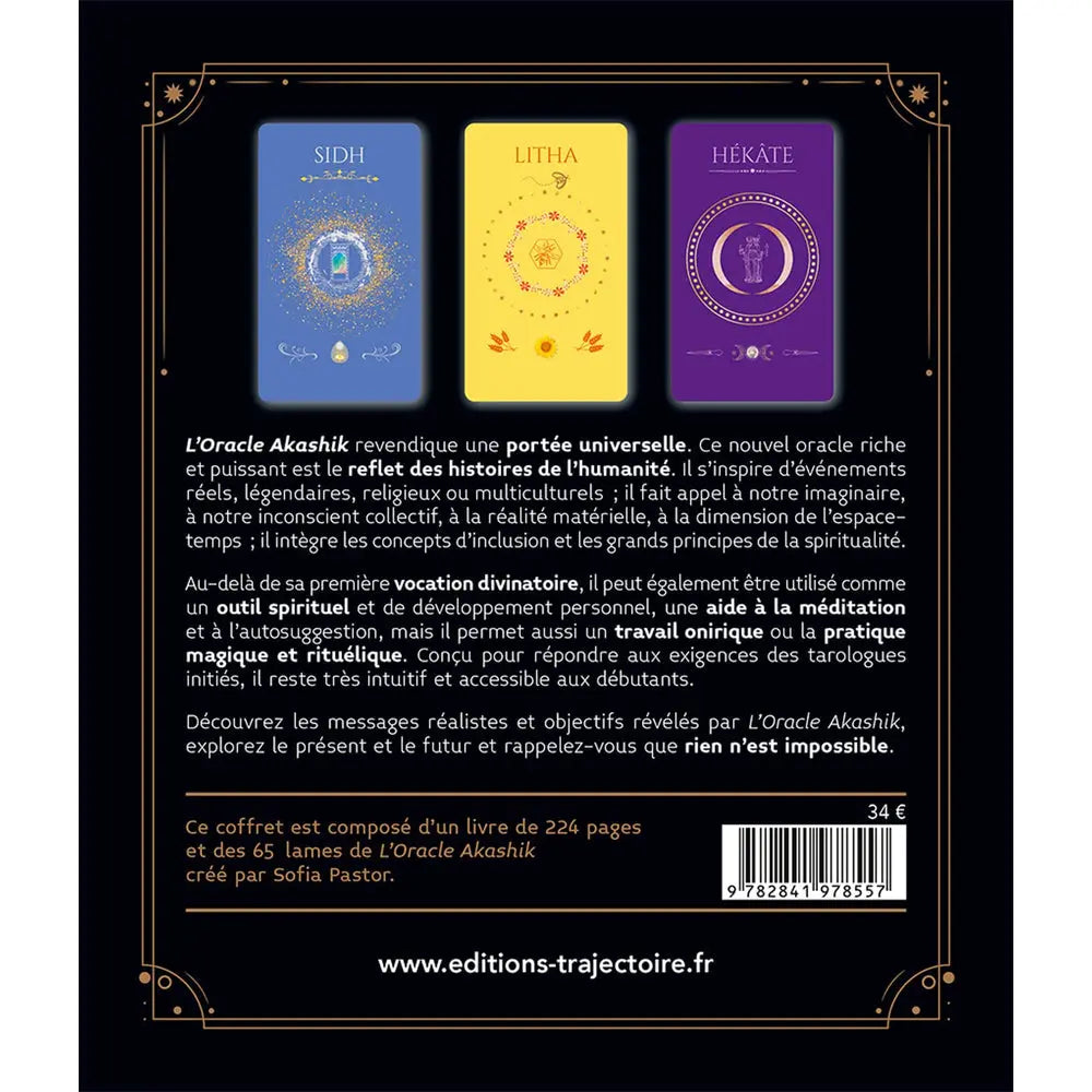 L'Oracle Akashik quatrième de couverture noire affichant trois cartes colorées, le résumé de l'ouvrage et les informations d'édition.