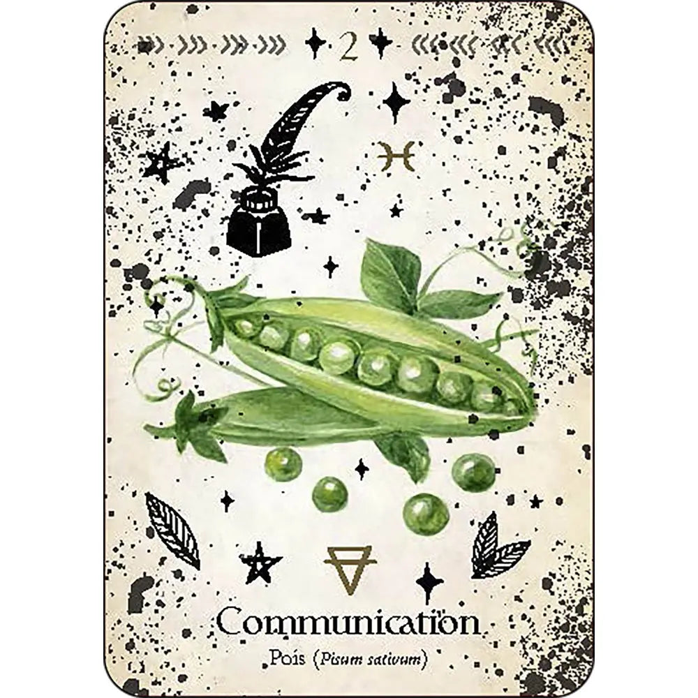 Carte numéro 2 de L'Oracle de la Magie Verte illustrant des pois associés au thème de la "Communication", ornée d'un encrier, d'une plume et de divers symboles magiques.